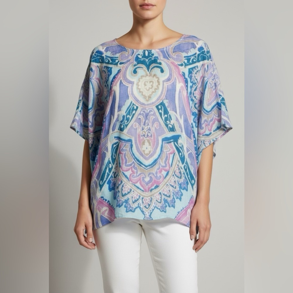 NEW Chico’s Multicolored Pastel Ikat Linen Poncho Women’s Sz S/M